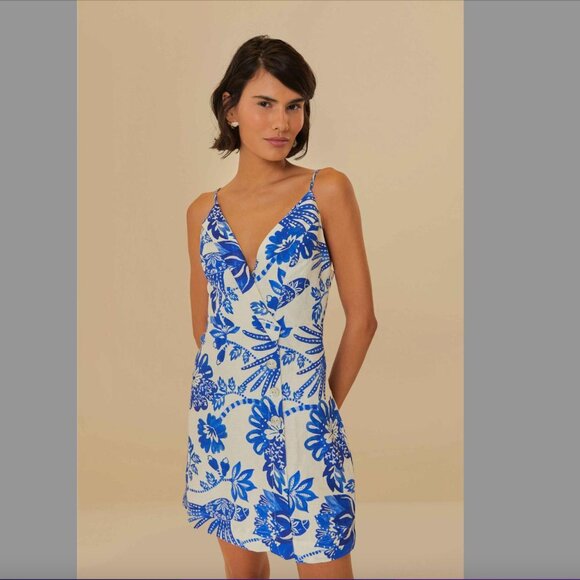 FARM Rio Floral Birds Pattern Linen Mini Dress Off-White/Blue NWT 🇧🇷